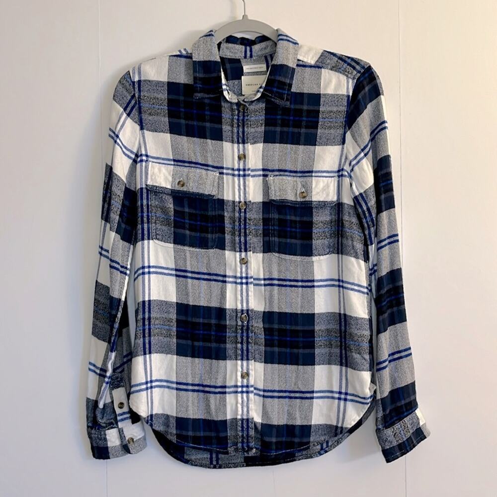 American Eagle Ahhh-Mazingly Soft Plaid Flannel Button Up Top Size S Blue White